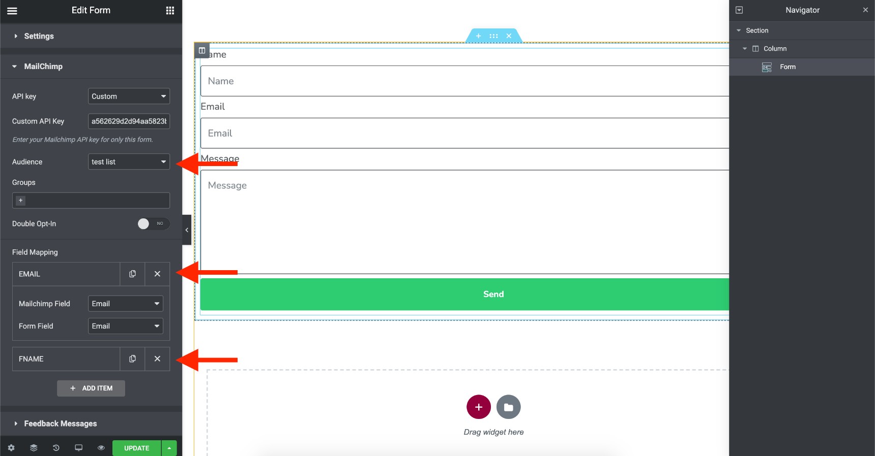 store Jupiter X form submissions - configure mailchimp
