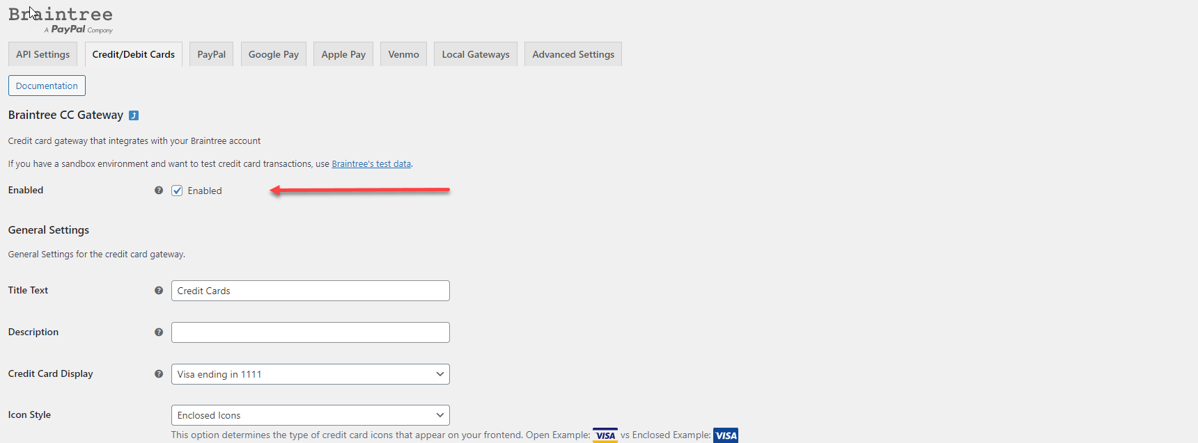braintree gateways for WooCommerce - menu settings